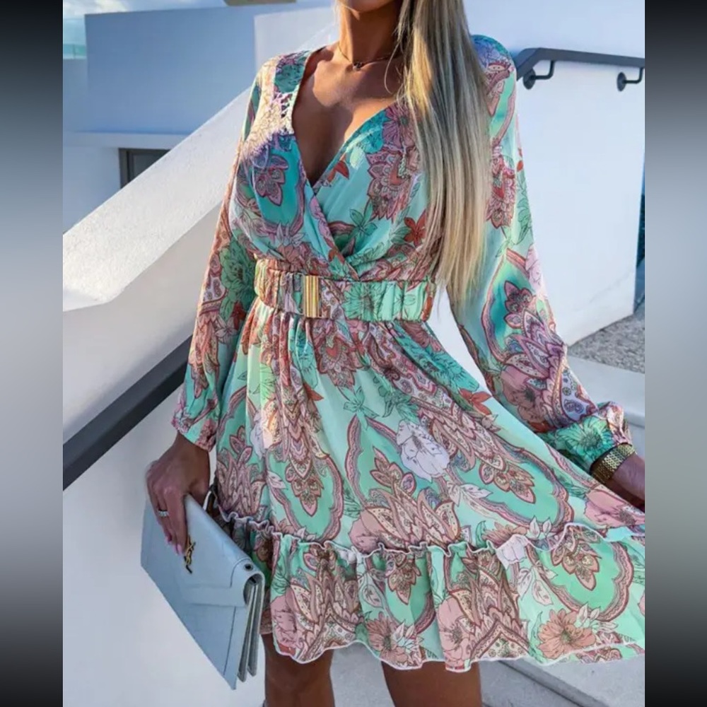 👗💖 NEW!! BOHO FLORAL PRINT FRILL HEM RUFFLES LONG SLEEVE DRESS 👗💖🌸🌺